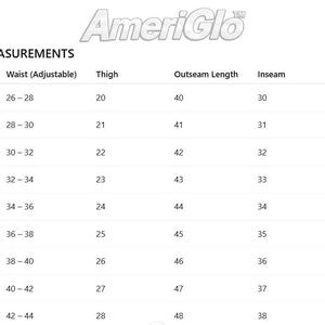 May include: A white chart with the AmeriGlo logo displays body measurements for pants. Sizes range from XS to 5XL, with waist, thigh, outseam length, inseam, and bottom opening measurements in inches.