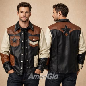 May include: A multi-colored leather jacket with a star design. The jacket features black, brown, and cream panels, with a star on the front and back. The jacket has silver studs and the AmeriGlo logo.