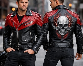 May include: Black and red leather jacket with silver studs on the shoulders and a skull design on the back. The jacket has a diagonal red panel across the chest and a quilted pattern on the sleeves. The jacket has a zipper closure and a belt.