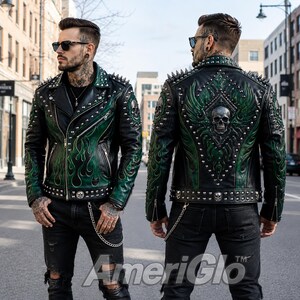 Men's Green Flame Skull Studded Leather Jacket, Spiked Punk Motorcycle Jacket, Gothic Biker Jacket with Wings Skull Patch, Punk Outerwear