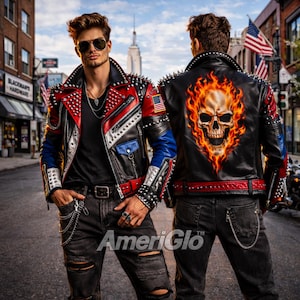 Men's Studded Skull Biker Jacket – Flame Skull Back Patch, Punk Rock Motorcycle Coat