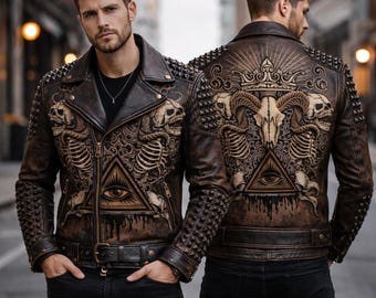 Könnte beinhalten: Braune Lederjacke mit aufwendigen Schädel- und Skelettmustern, einem Pyramiden-Auge und Nieten. Die Jacke hat einen klassischen Biker-Stil mit Reverskragen, Reißverschluss und Gürtel in der Taille.