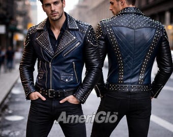 May include: A navy blue and black leather jacket with silver studs and a belt. The jacket has a quilted design on the shoulders and back. The text "AmeriGlo" is visible on the lower right side of the image.