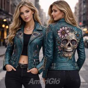Hand Painted Leather Biker Jacket, Studded Floral Sugar Skull, Moto Jacket