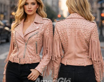 Blush Pink Studded Leather Fringe Biker Jacket, Western Punk Moto Style