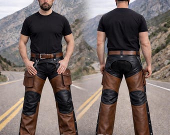 Men's Genuine Leather Biker Chaps – Two-Tone Utility Pockets, Western Style