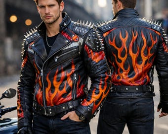 May include: Black leather jacket with flame design in orange and red. The jacket features silver spikes on the shoulders and a quilted back. The jacket has a zipper closure and a belt at the waist. The AmeriGlo logo is visible at the bottom.