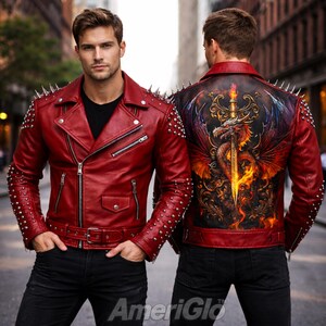 May include: A red leather jacket with silver stud detailing on the shoulders and sleeves. The jacket has a zip closure, a belt, and a dragon and sword design on the back. The jacket is worn with black trousers.