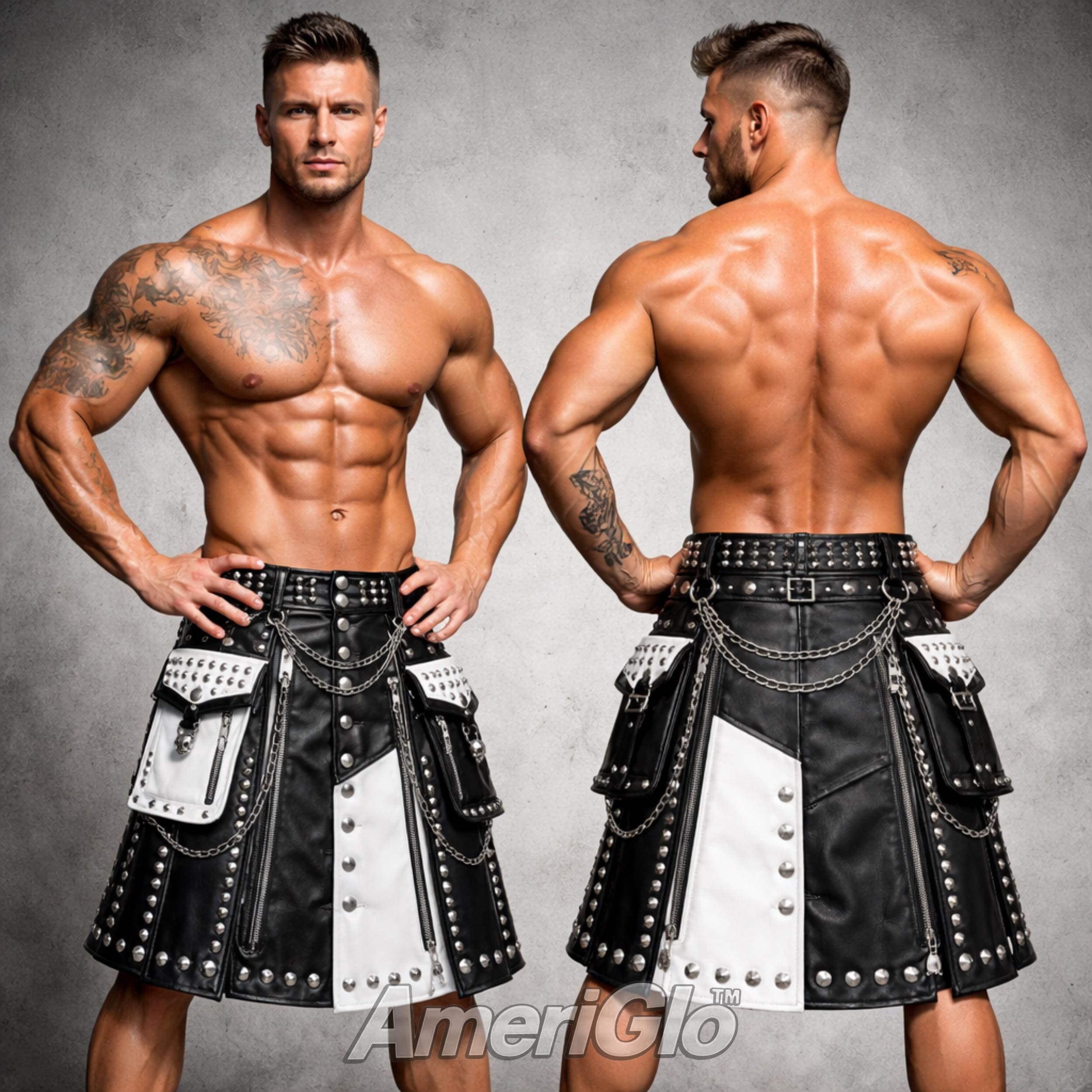 Handmade Black Leather Utility Kilt Gothic Punk Studded Chain Skirt