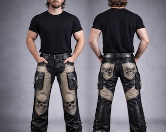 Men's Black Leather Biker Pants, Skull Gothic Motorcycle Trousers with Cargo Pockets & Stud Details
