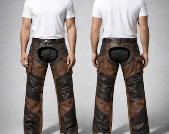 Men's Two-Tone Leather Chaps – Cargo Pockets, Biker Motorcycle Western Gear