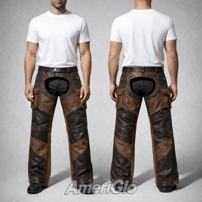 Men's Two-tone Leather Chaps – Cargo Pockets, Biker Motorcycle Western ...