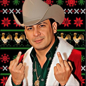 May include: A festive graphic featuring a man in a cowboy hat, wearing a green shirt and red jacket with white trim. The background is a black sweater pattern with snowflakes and roosters. The text reads "FELIZ NAVIDAD" and "A MIS ENEMIGOS".