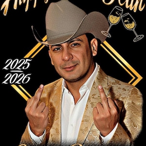May include: A digital image with the text "Happy New Year" in gold script. A man wearing a cowboy hat and a gold patterned blazer is giving the middle finger. The image also includes the years 2025 and 2026.