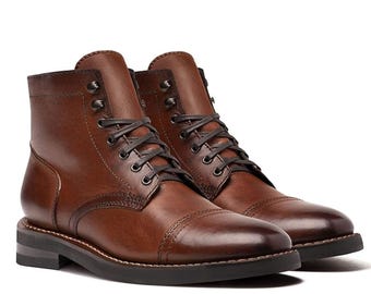 Men’s Brown Leather Boots – Cap Toe Lace Up Ankle Boots, Classic Dress Casual Shoes
