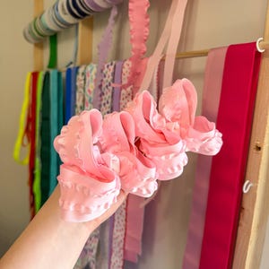 Light pink piggie bows, double ruffle hair accessories for toddler girls