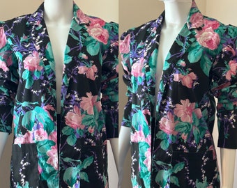 1980's Floral Blazer Black with Pink Flowers fits S-M