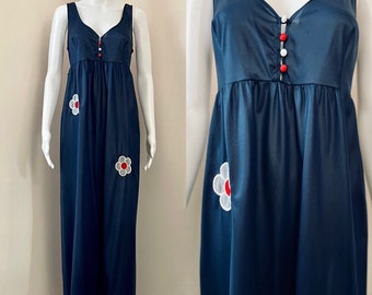 Nightgown in Midnight Blue with Embroidered Flower Appliques in Red and White Retro 1970’s