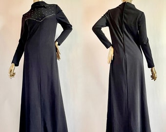 Black Maxi Dress Long Sleeves 1960's with Rhinestones