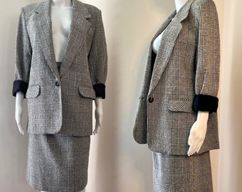 1980's Wool Blend Two Piece Skirt with Oversized Blazer Black and White M/L