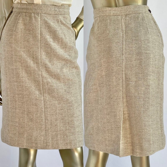 Gorgeous 1970's Herringbone Wool Pencil Skirt Tan… - image 2