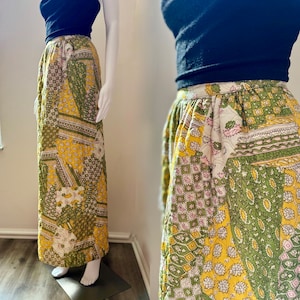 Quilted Satin 70&#39;s Maxi Skirt Pink Yellow and Green