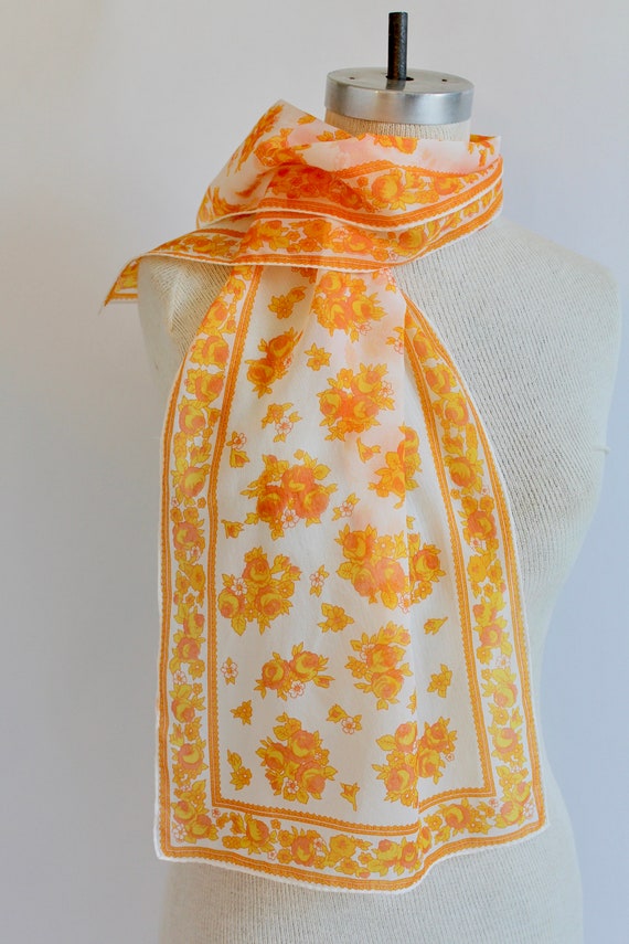 Floral 1970's Chiffon Scarf with Orange and Yello… - image 1