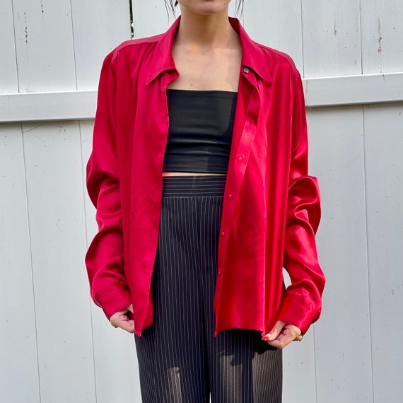 Sexy Shiny Maroon Red Silk Blouse fits S - L 1980… - image 4