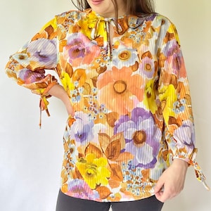 1970&#39;s floral Blouse fits S - L Gold Yellow Purple and Pink