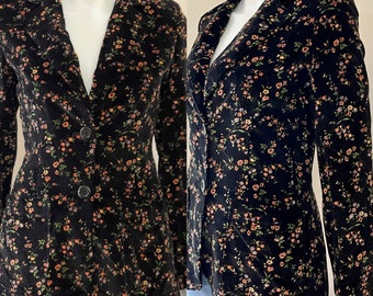 1970's Black Velveteen  Blazer Petite Fleurs S/M