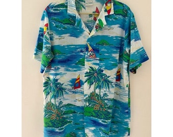 Men's Retro Hawaiian Shirt fits M/L 1980's Surf Scenes Vintage