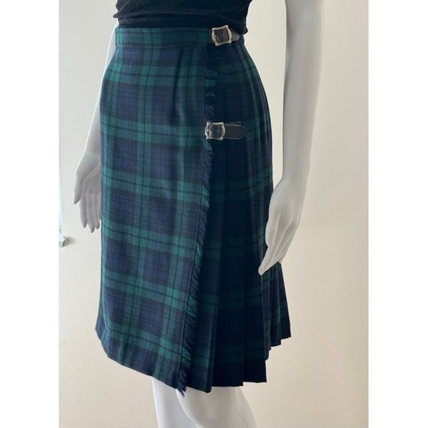 Scottish Wool Green and Blue Plaid Skirt Kilt with Pretty Pleats