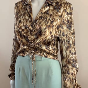 Shiny Satin Blouse Medium Peacock Feather Print