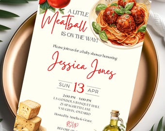 A Little Meatball is on the Way Baby Shower Invitation, Italian Themed, Pasta Food Baby Shower Digital Download, Canva Template,5x7 & Mobile