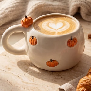 Pumpaparad Keramisk Mugg | Handgjord Höstkaffemugg | 3D Pumpamugg | Mysig Höstgåva | Lyxförpackning | Presentklar | Födelsedagspresent