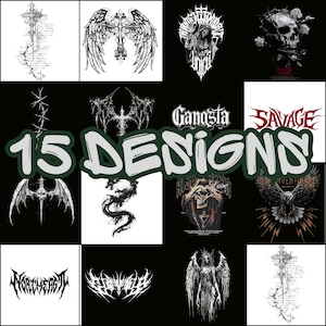 Può includere: Una collezione di 15 disegni in stile gotico in bianco e nero. I disegni includono croci, ali, teschi, draghi e altre immagini oscure. Le parole "Gangsta" e "Savage" sono anch'esse presenti. Il testo "15 DISEGNI" è scritto in uno stile graffiti verde e bianco.
