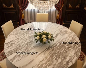 Calacatta-marmer rond eettafelblad | Luxe witmarmeren tafelblad met grijze aderen | Handgemaakte natuurstenen tafel | Aangepast formaat
