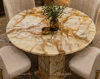 Honey Onyx Round Dining Table | Natural Stone Pedestal Luxury Furniture