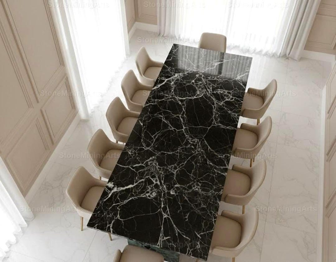 Black Marble Dining Table Rectangular Natural Stone Slab With Fine ...