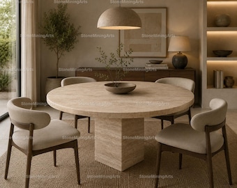 Travertine Round Dining Table | Natural Stone Pedestal Dining Furniture