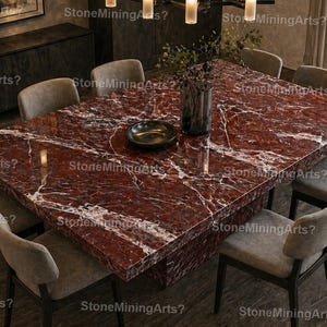 Mesa de Jantar de Luxo em Mármore Rosso Levanto – Mesa Retangular em Mármore Borgonha, Tampo de Mesa de Jantar/Centro de Luxo para Decoração de Casa |