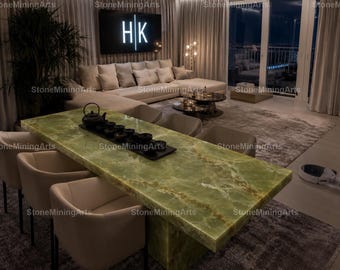 Green Onyx Marble Dining Table | Luxury Rectangular Stone Dining Table | Handmade Modern Onyx Furniture | Rectangular Marble Dining Table |