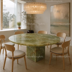 Luxury Green Onyx Round Dining Table | Handmade Onyx Stone Table | Modern Pedestal Dining Furniture | Luxury Marble Table | Round Dining top