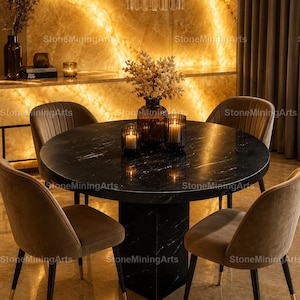 Black Spider Marble Dining Table | Luxury Round Marble Dining Table | Modern Pedestal Stone Table Luxury Black Spider Marble Dining Table |