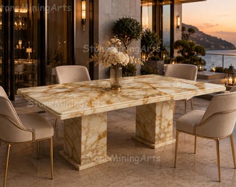 Luxury Marble Dining Table, Golden Veined Onyx Dining Table, Double Pedestal Stone Table, Custom Modern & Luxury Handmade Custom Table