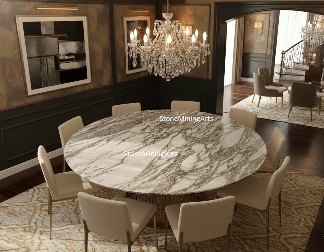Round White Marble Dining Table Top | Grey Veined Natural Marble ...