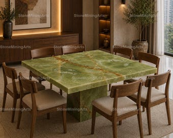 Luxury Green Onyx Square Dining Table | Handmade Natural Stone Dining Table | Marble Table with Pedestal Base Green Onyx Square Dining Table