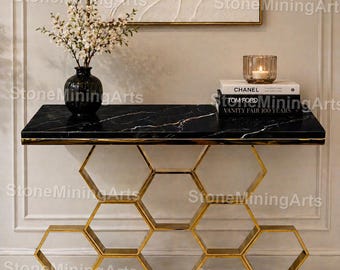 Black Marble Console Table with Gold Geometric Base, Luxury Entryway Table, Modern Marble Hallway Table, Designer Sofa Table