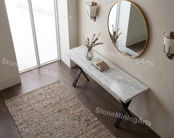 Polished White Marble Console Table – Minimalist Entryway Table, Modern Natural Stone Accent Furniture, Luxury Hallway Console  modern table
