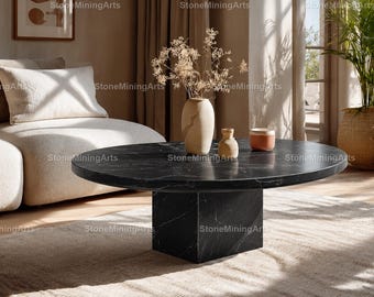 Luxury Black Spider Marble Coffee Table | Modern Round Stone Coffee Table | Handmade Designer Living Room Black Spider Marble Coffee Table |